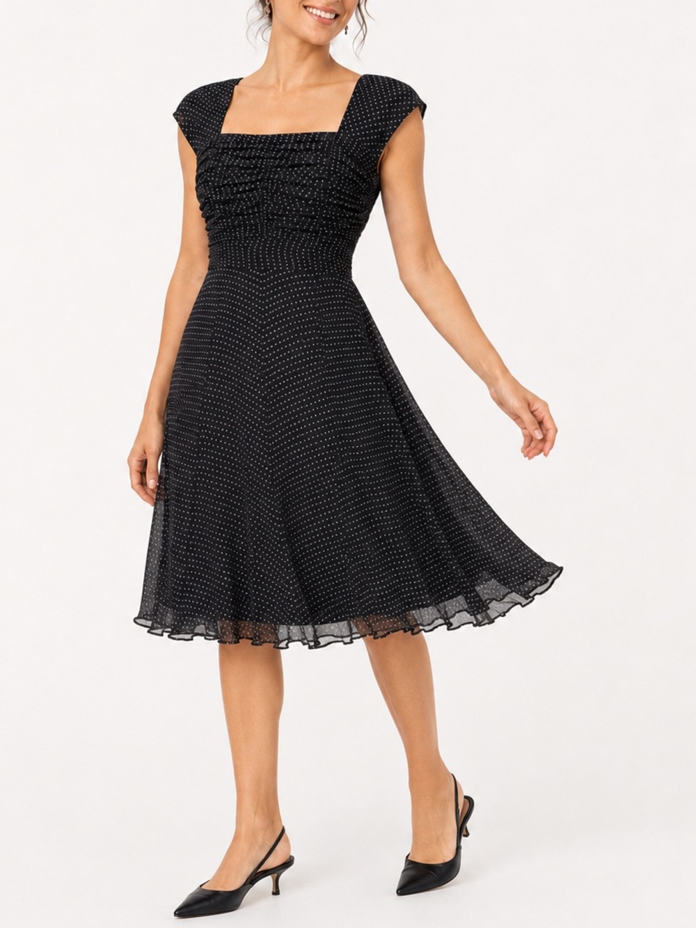 Donna Ricco 100% Silk Polka Dot Fit & Flare Midi Dress Black Size 4 - Picture 1 of 13